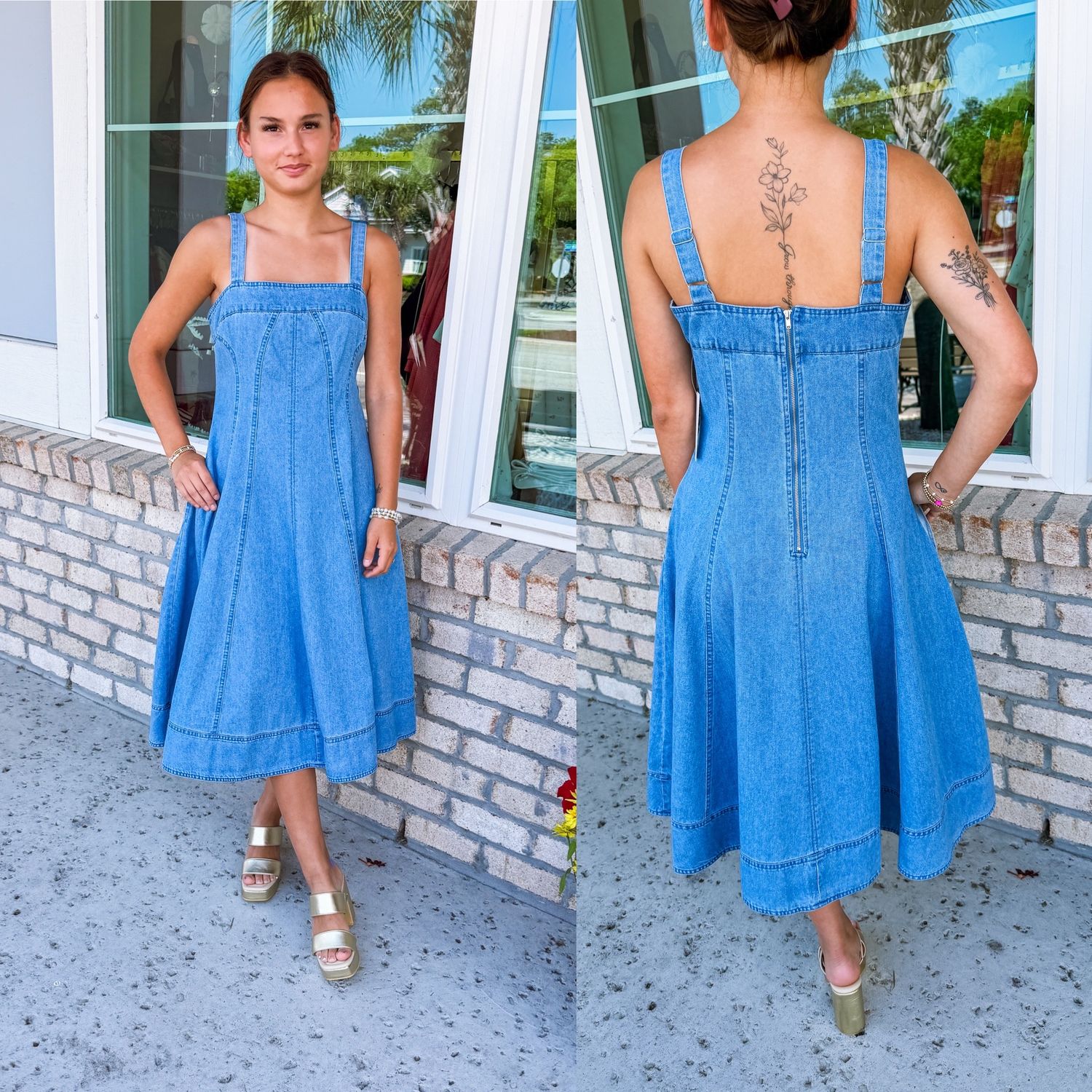 Flared Denim Midi Dress