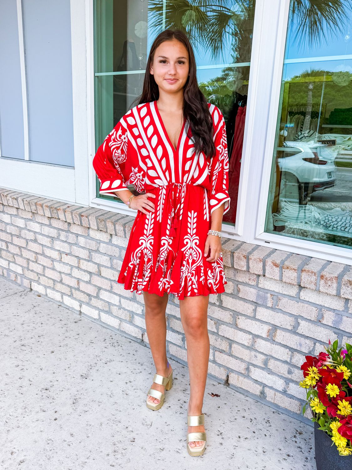 Abstract/Border Dolman Dress - Red