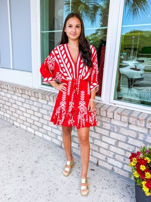 Abstract/Border Dolman Dress - Red