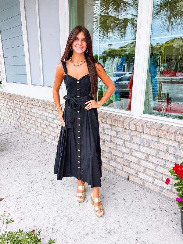 Gold Buttons Down Midi Dress - Black
