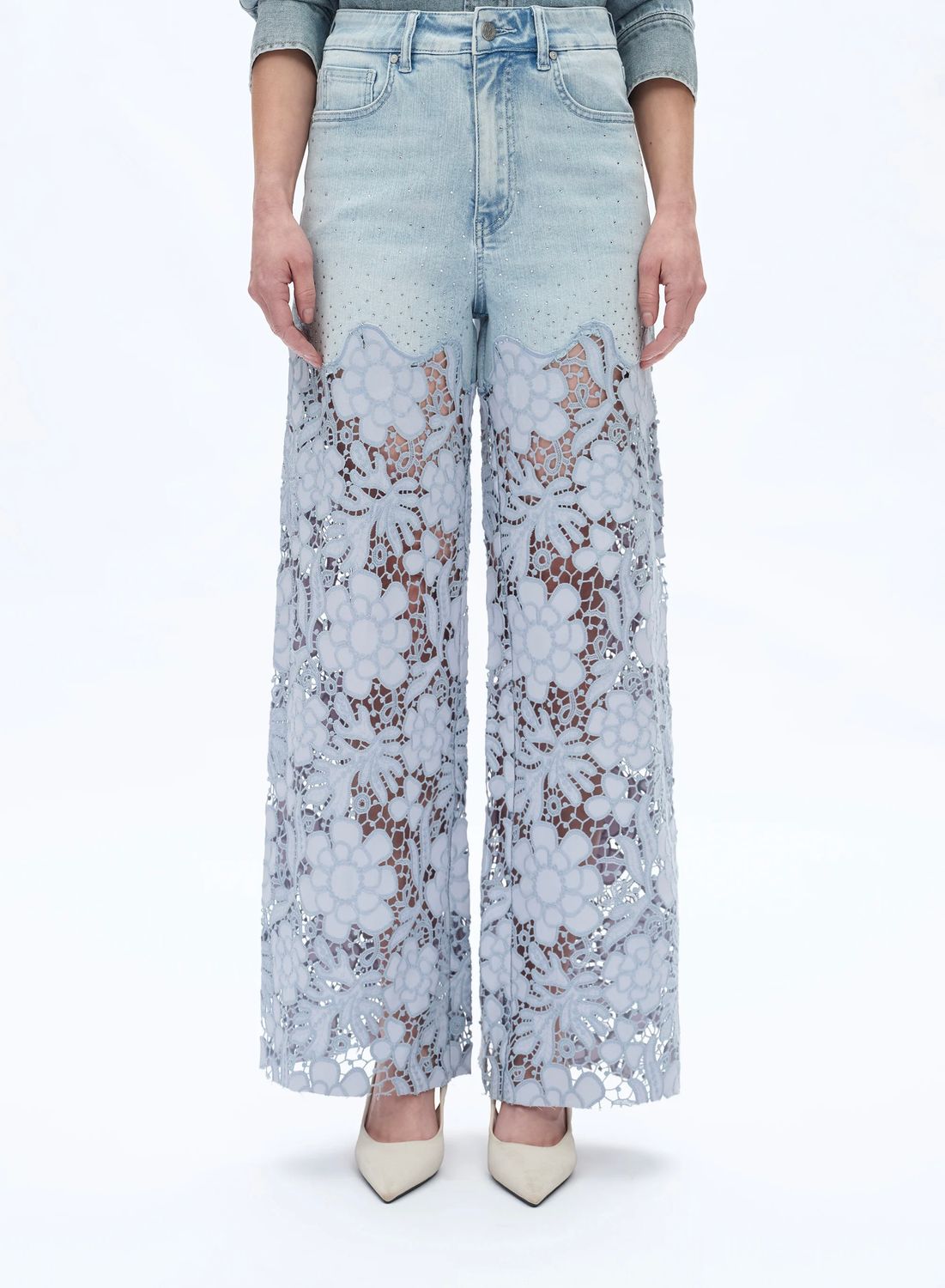 Floral Lace High Rise Wide Leg Jeans - Light Blue