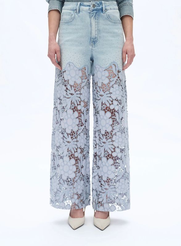 Floral Lace High Rise Wide Leg Jeans - Light Blue