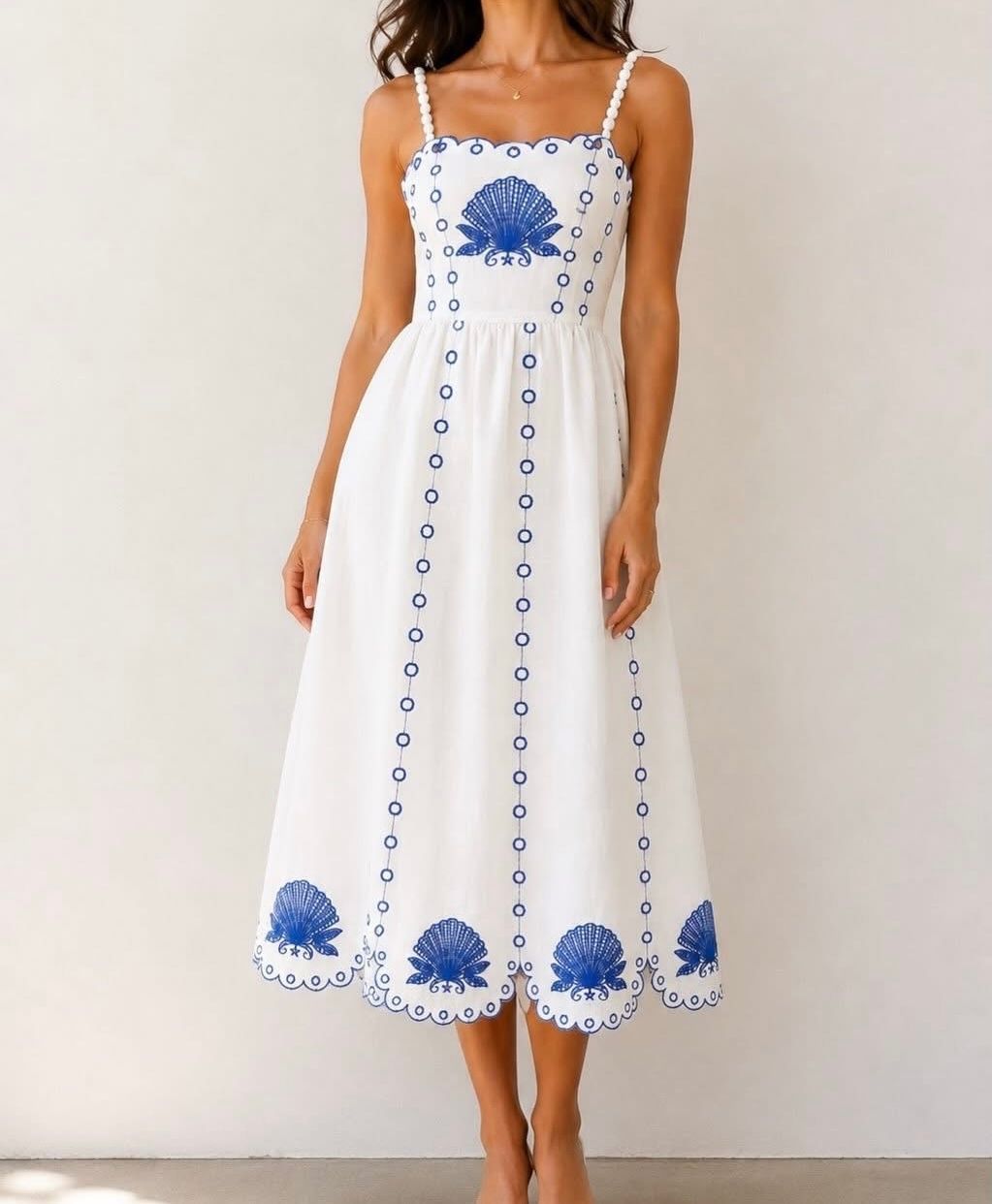 Seashell Embroidery Beaded Straps Maxi Dress - Cream/Blue