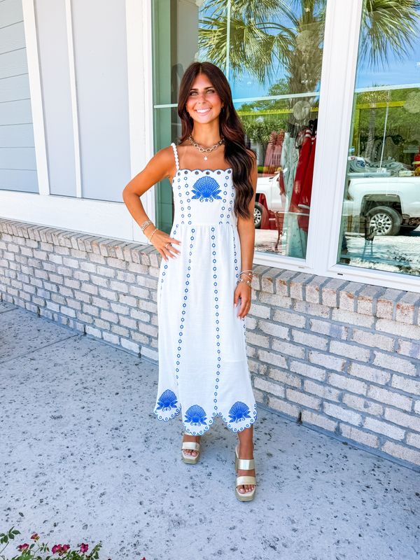 Seashell Embroidery Beaded Straps Maxi Dress - Cream/Blue