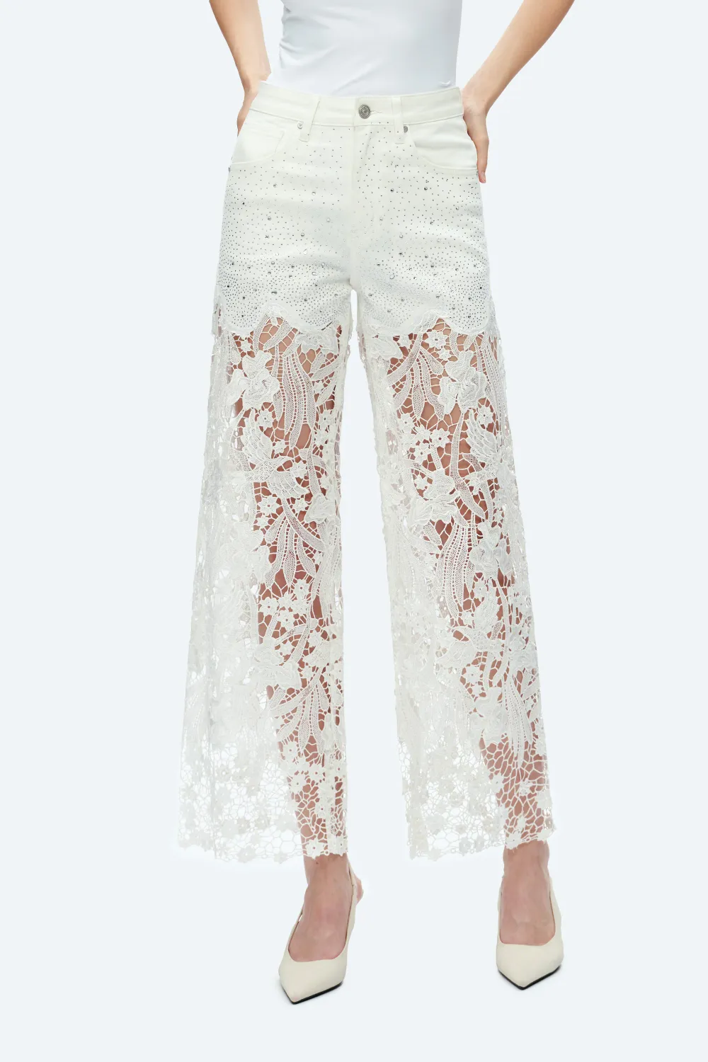 Floral Lace High Rise Wide Leg Jeans - White