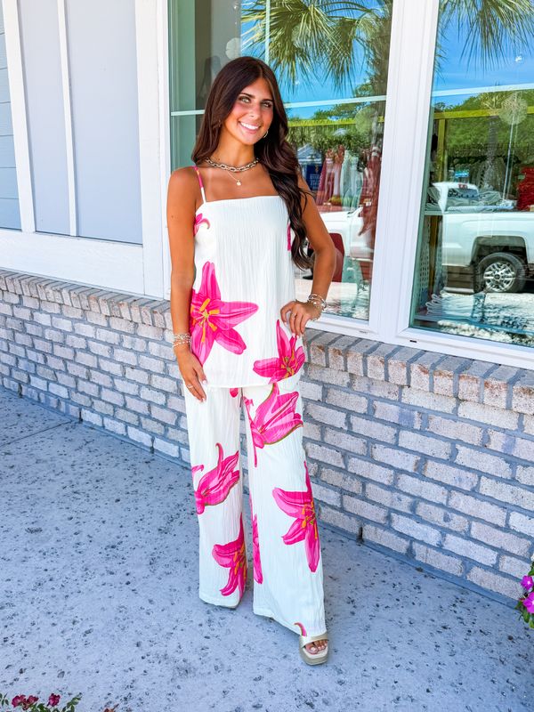 Floral Wide Leg Pants - Cream