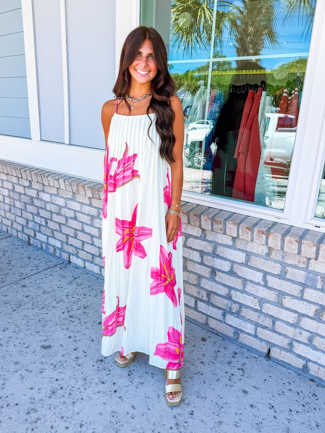 Pleated Detail Floral Maxi Dress - Cream