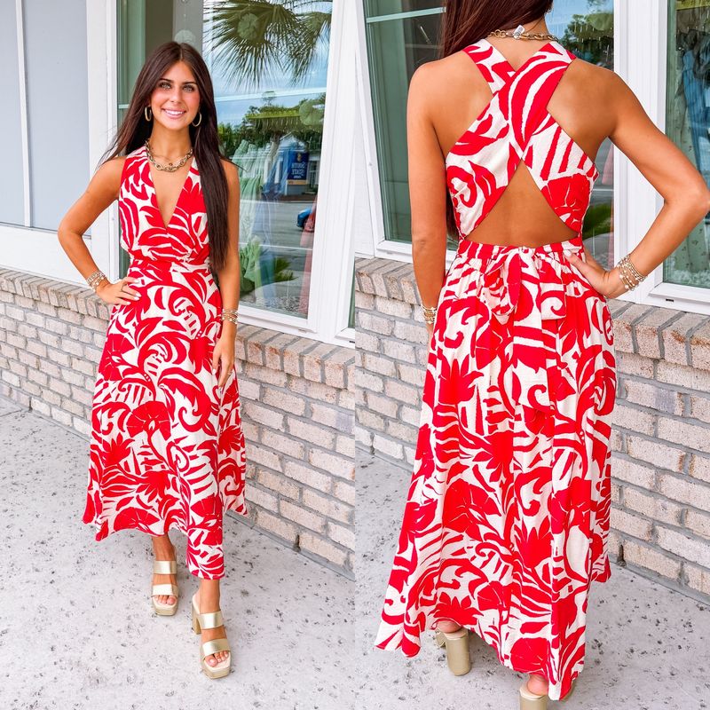 Cross Back Floral Maxi Dress - Red