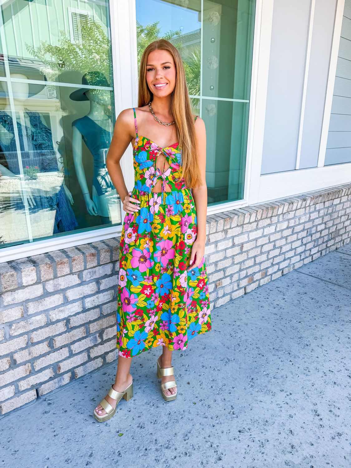 Tie Detail Floral Midi Dress - Green