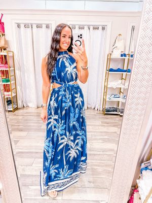 Cut Out Detail Tropical Maxi Dress - Navy