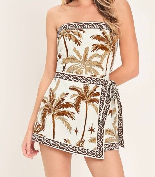 Strapless Tropical Denim Skort Romper - Brown