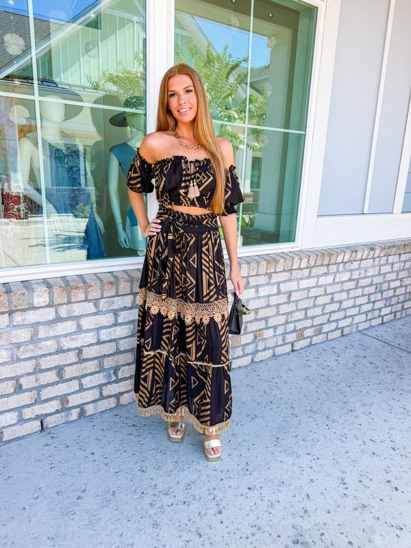 Gold Foil Geo Maxi Skirt - Black