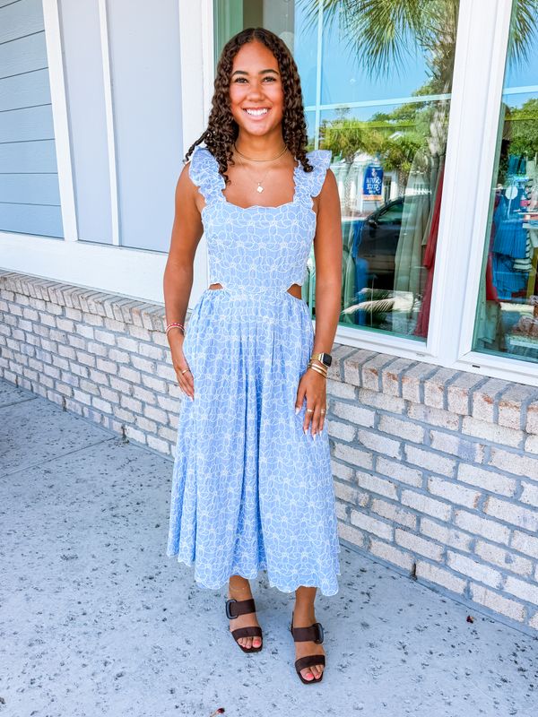 Flower Embroidered Cut Out Maxi Dress - Periwinkle
