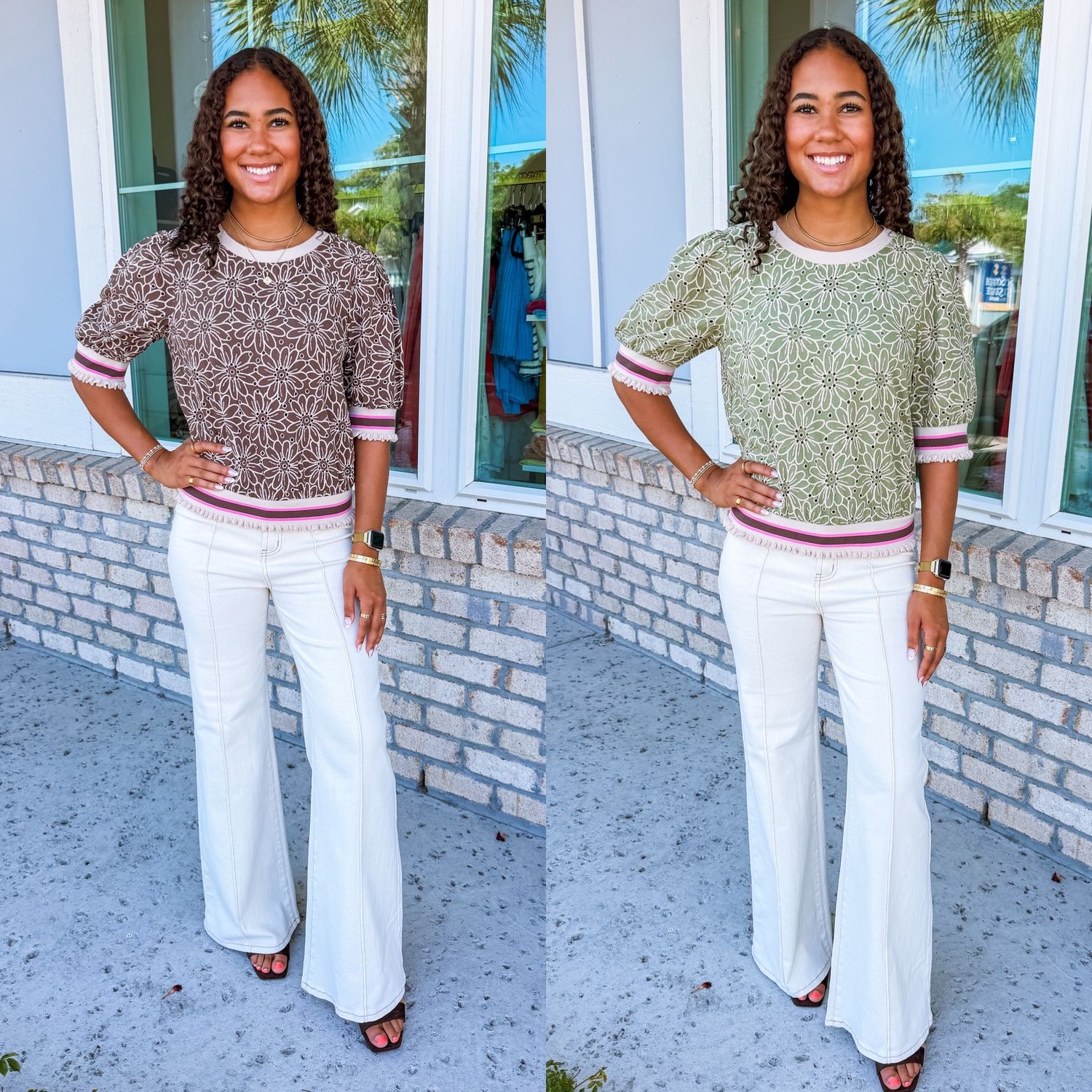 Striped Band Floral Eyelet Top