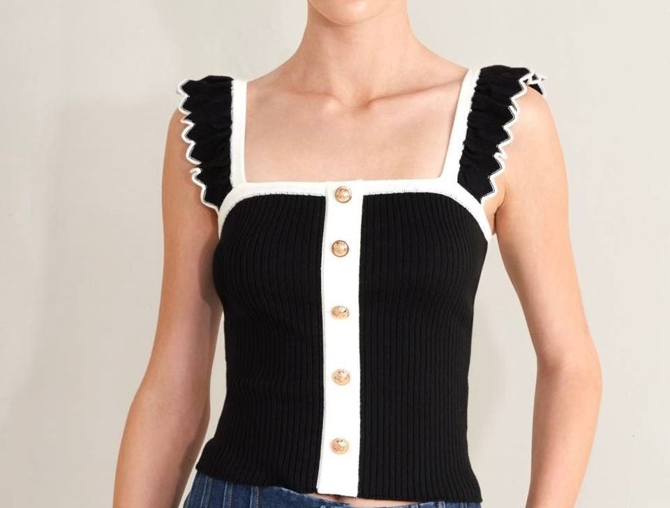 Ruffle Straps Gold Buttons Knit Top - Black