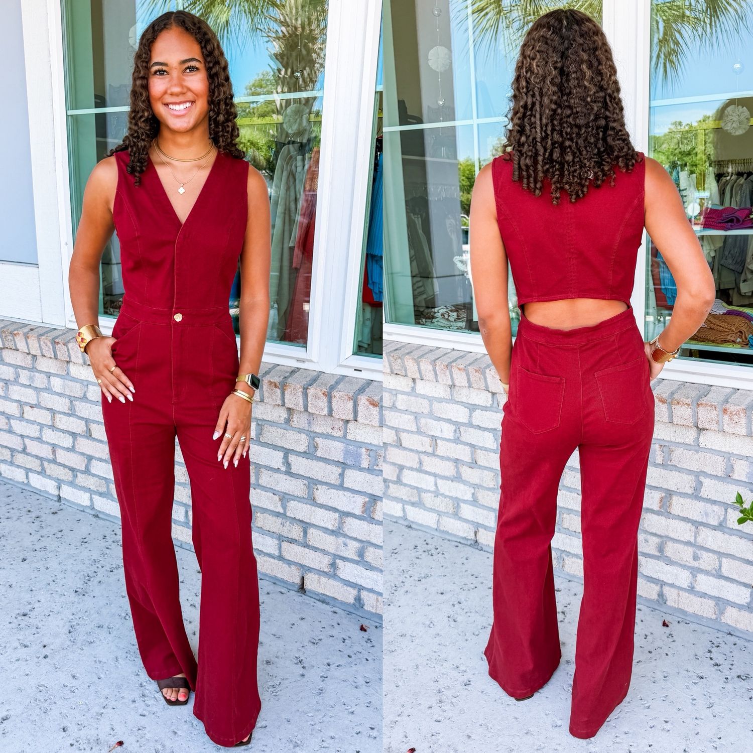 Cut Out Back Denim Jumpsuit - Burgundy