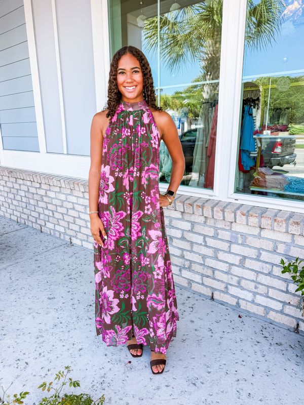Pleated Floral Halter Maxi Dress - Brown
