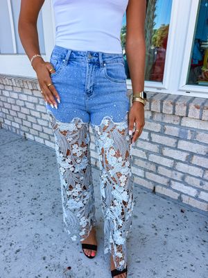 Floral Lace High Rise Wide Leg Jeans - Lesley Blue