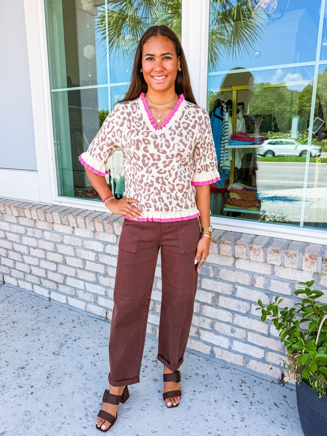 Contrast Ruffle Detail Leopard Knit Top - Cream