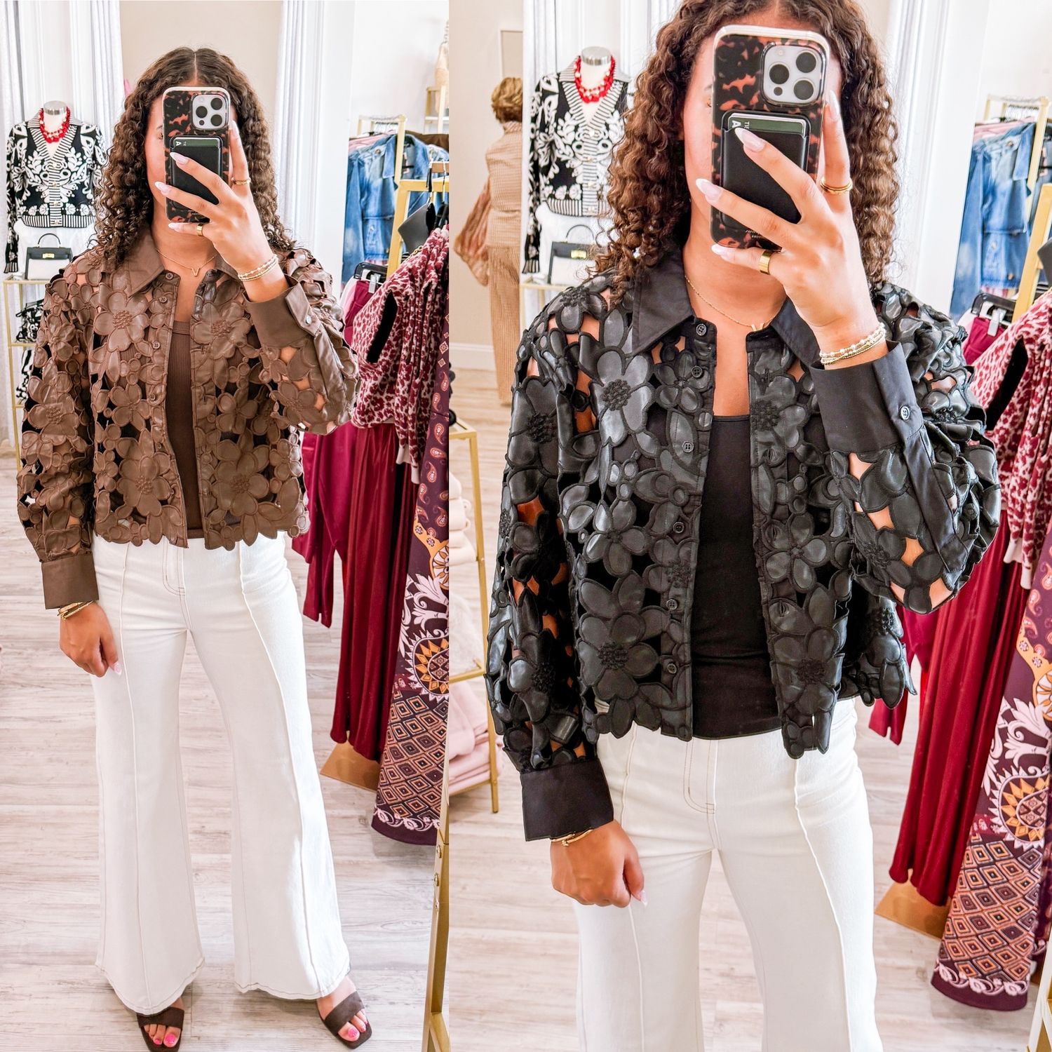 Floral Laser Cut Pleather Button Down Top