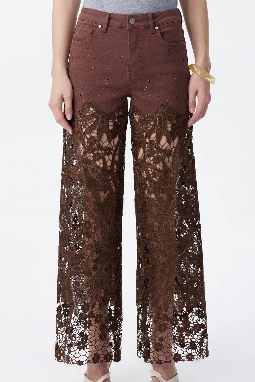 Floral Lace High Rise Wide Leg Jeans - Chocolate