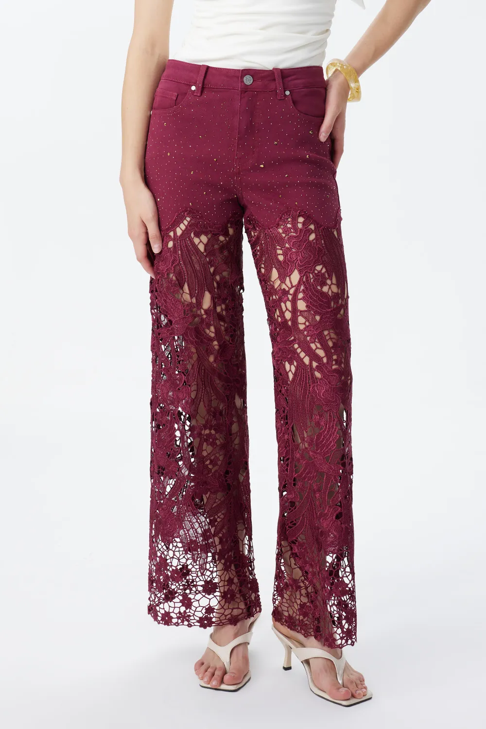 Floral Lace High Rise Wide Leg Jeans - Wine