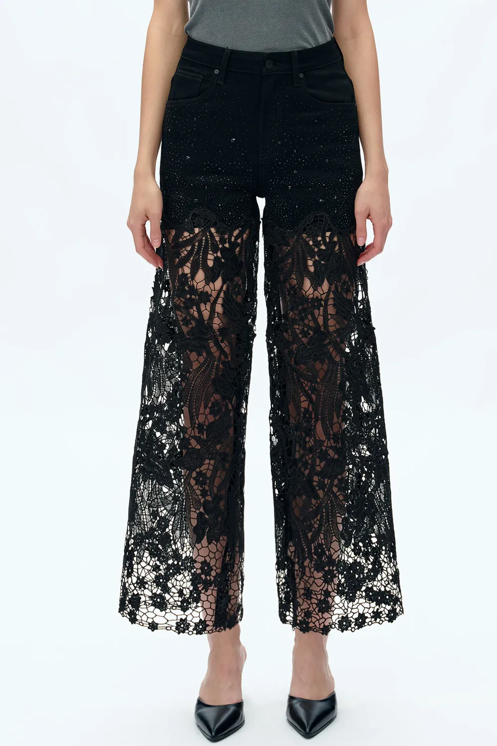 Floral Lace High Rise Wide Leg Jeans - Black
