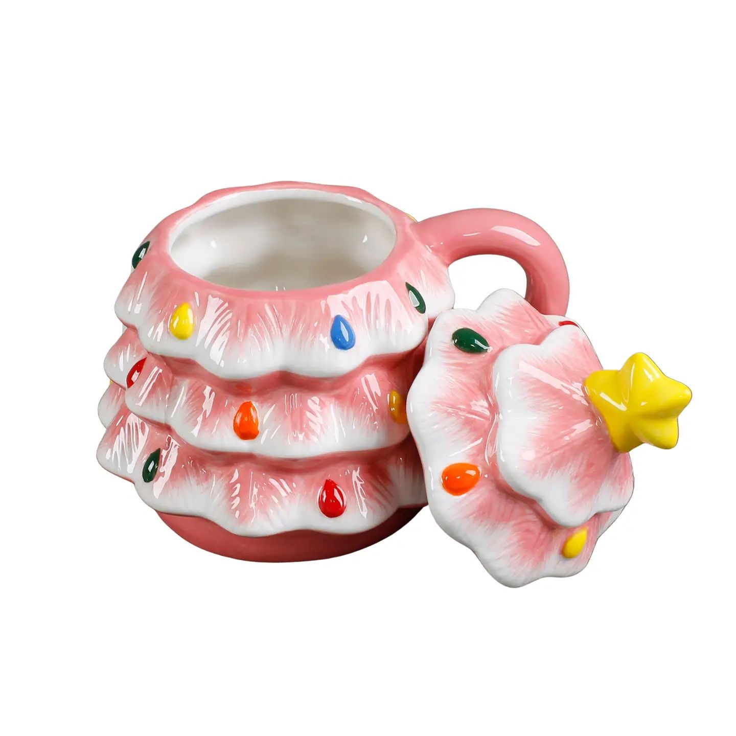 Pink Ceramic Christmas Tree Mug w/ Lid