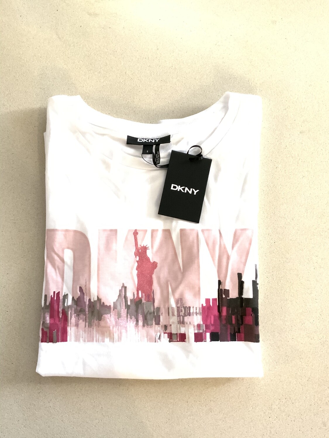 DKNY Tee Glitter Lady Liberty Skyline, Color: White, Size: Small