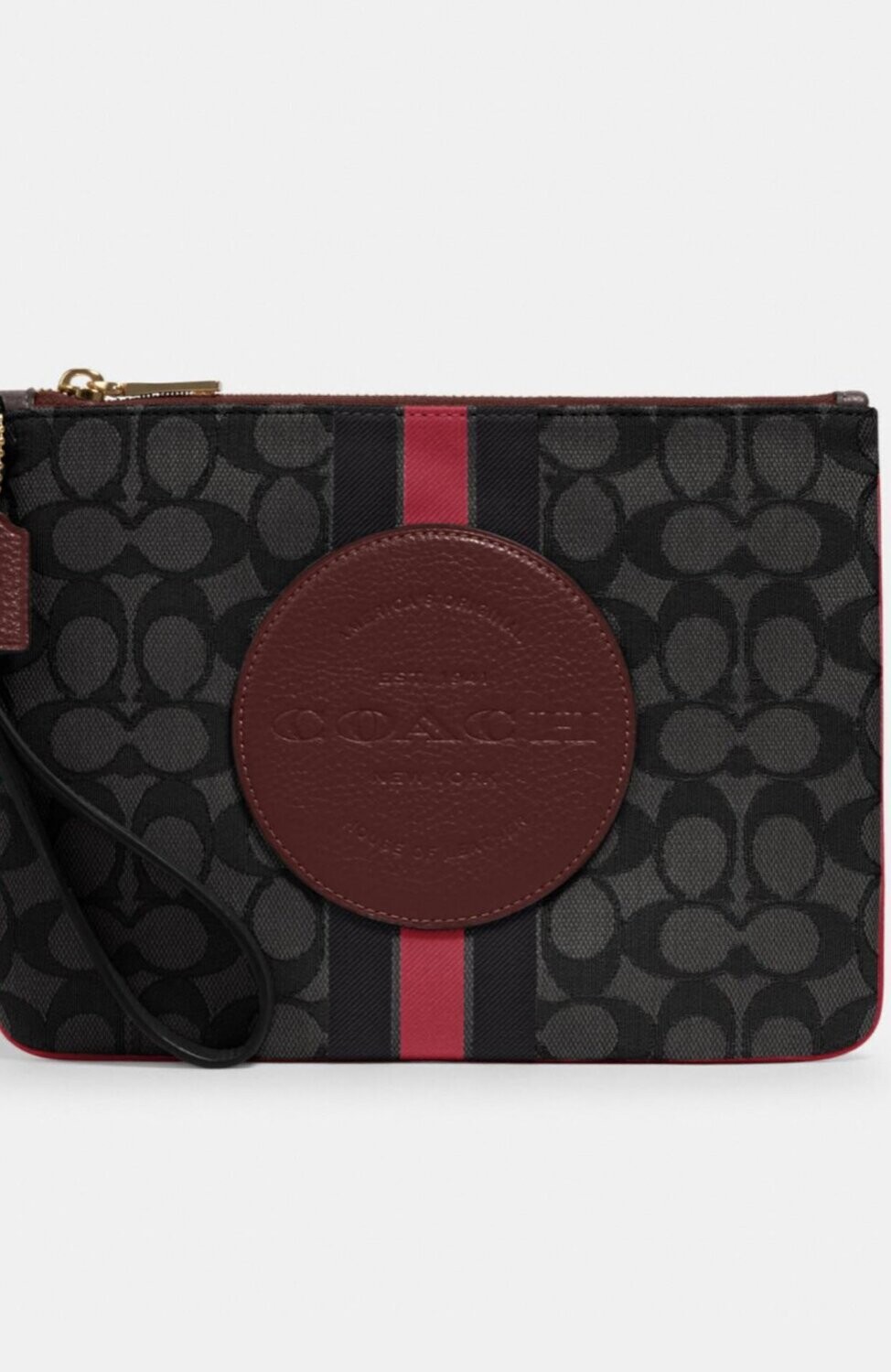 Coach Dempsey Gallery Pouch Sig Jacquard with Stripe &amp; Coach Patch, Color: Black/Wine Multi