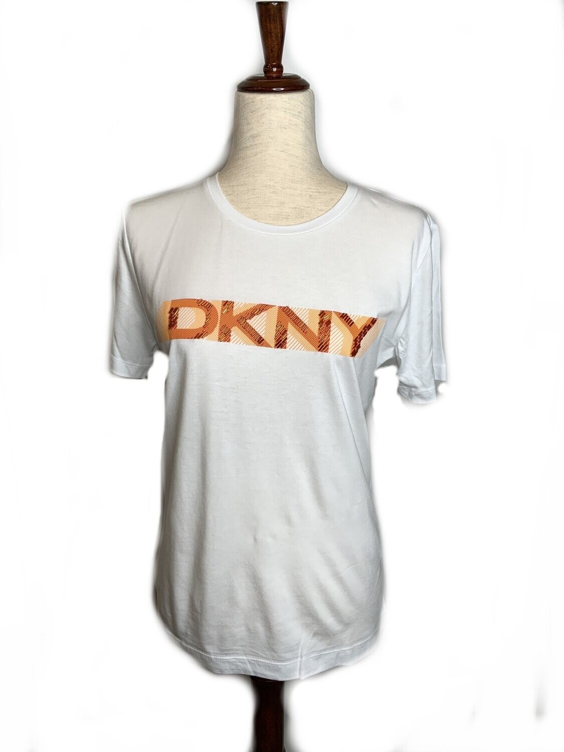 DKNY Tees Logo Stripe w/ Sequins, Color: White/Orange, Size: Small