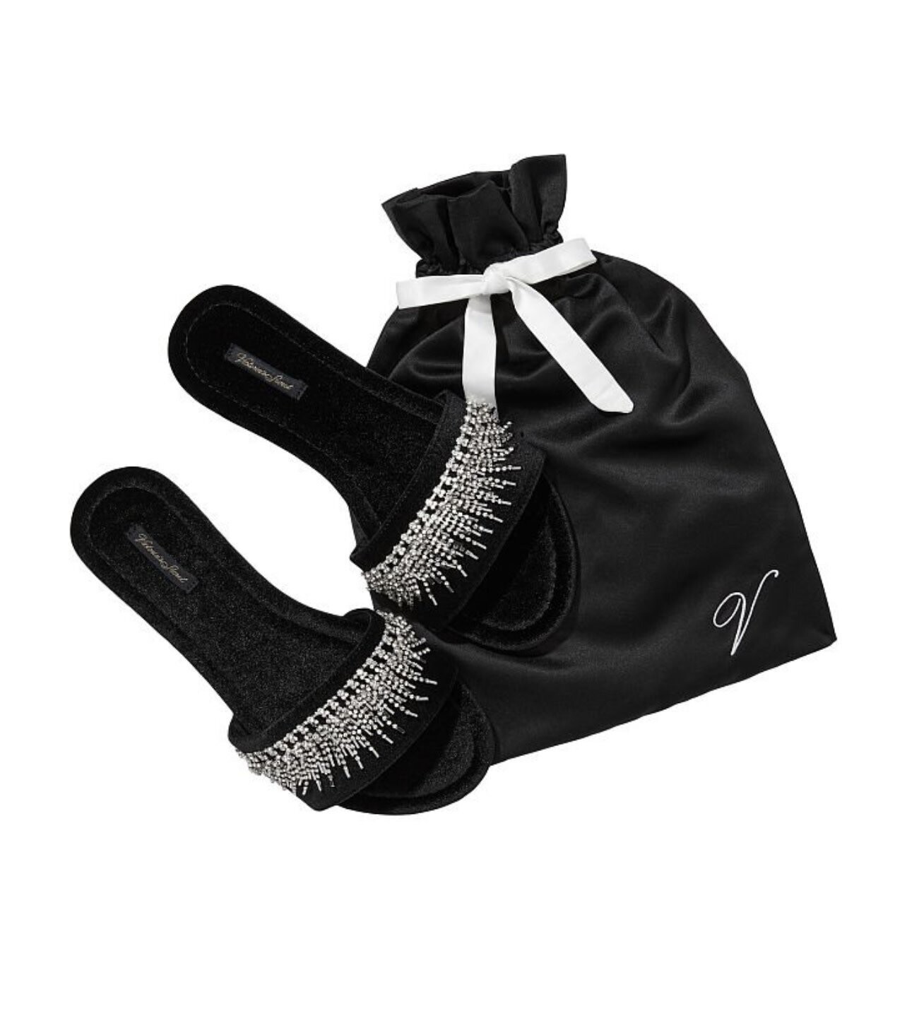 Victoria’s Secret Fringe Rhinestone Velvet Slides, Color: Black, Size: Small