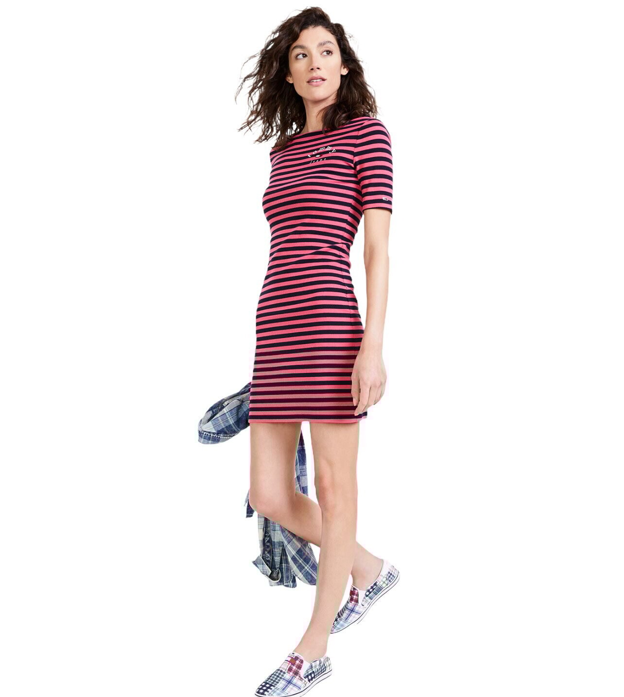 Tommy Hilfiger Dress Striped Ribbed Bodycon, Color: Pink / Black, Size: Small