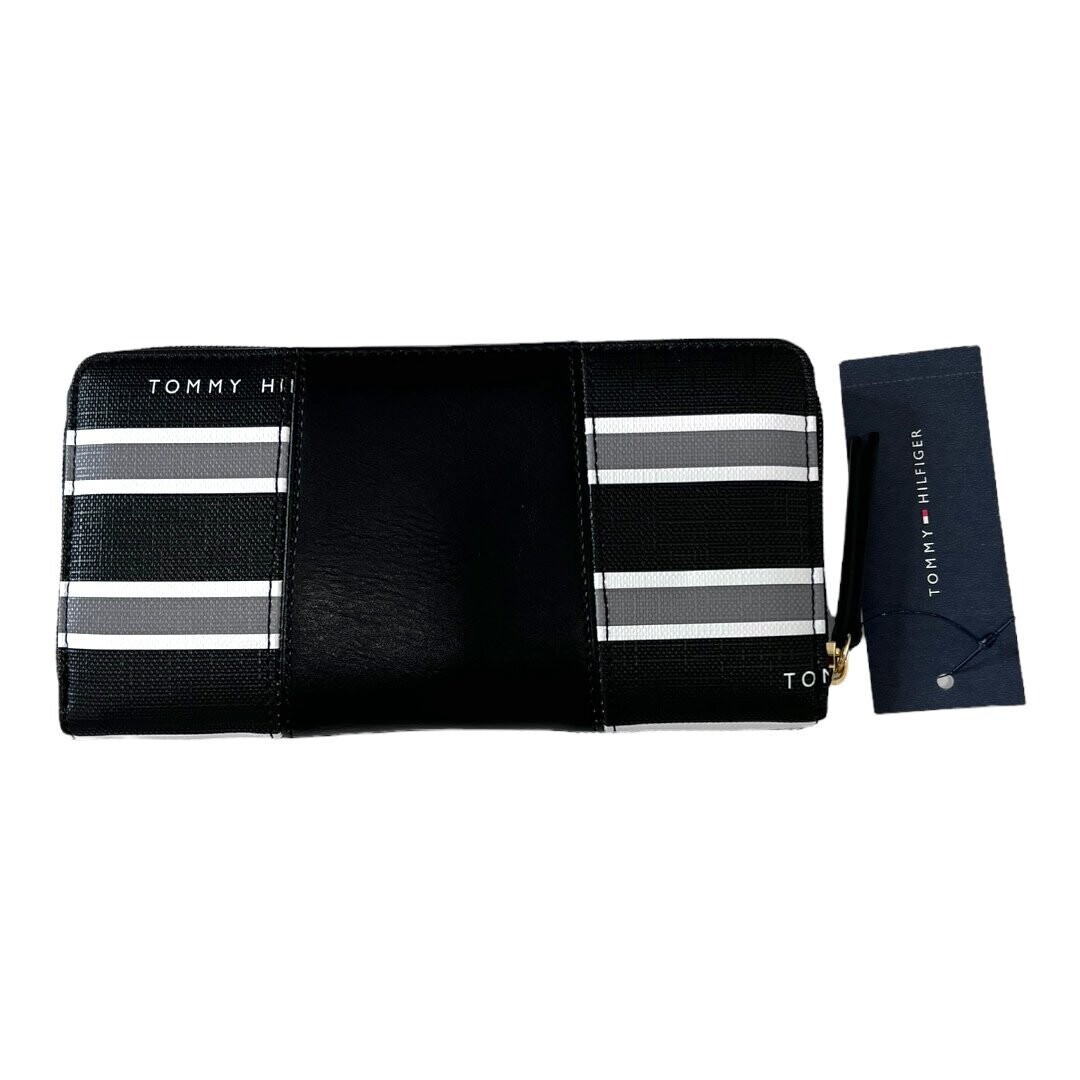 Tommy Hilfiger Stripe Large Zip Wallet, Color: Black Grey