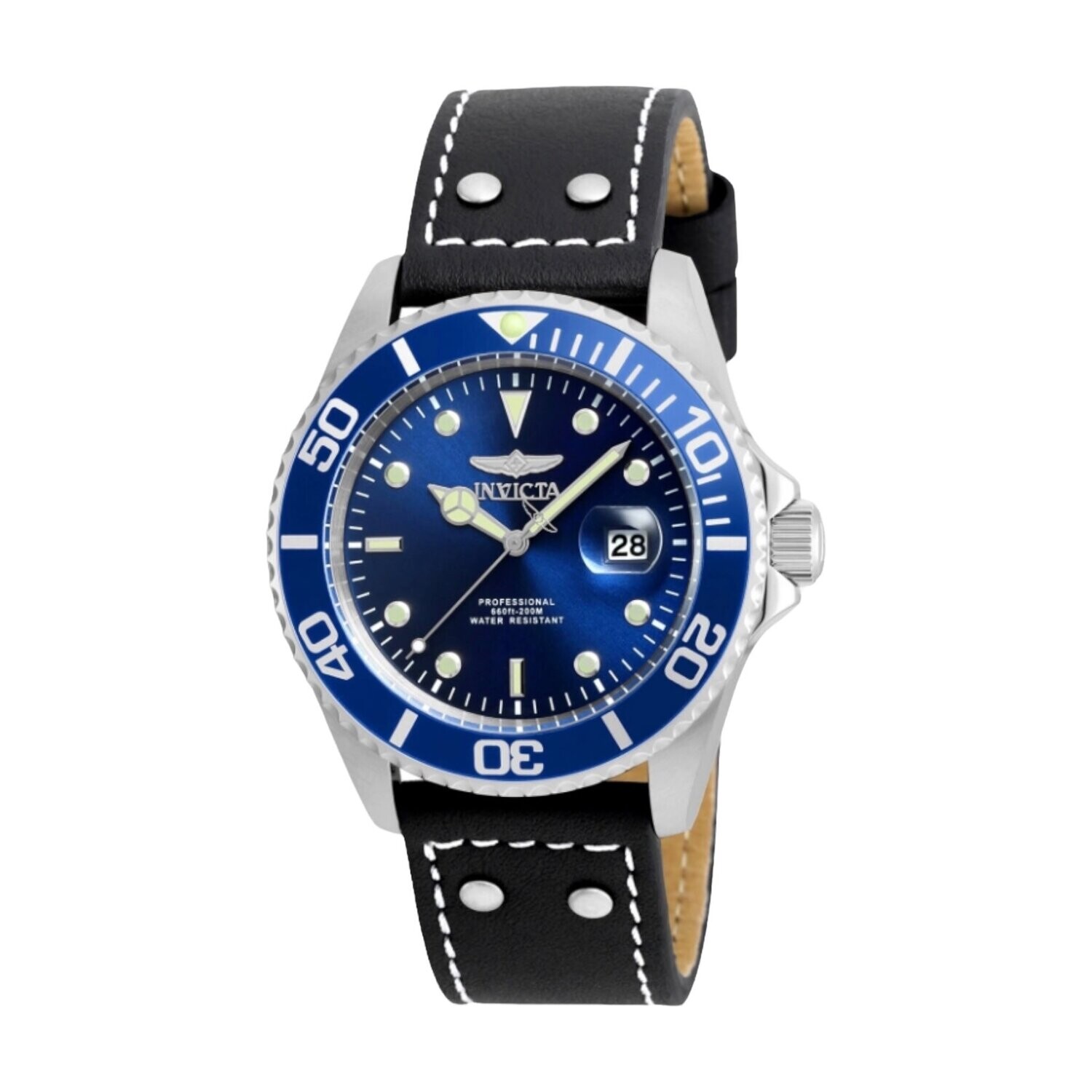 Invicta Pro Diver Men’s Watch 43mm, Quartz, Blue Metal Face Dial, Steel Case, Black Leather Band, 200m Water Resistance