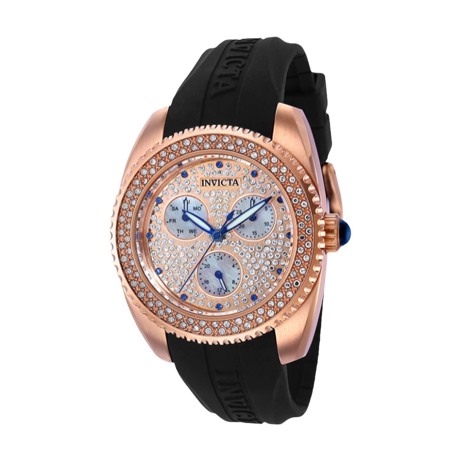 Invicta Angel Women’s Watch w/ Mother of Pearl Dial 38mm Black Silicone Band, Quartz Movement, Rose Gold Case, Face Rose Gold Pave White Metal 