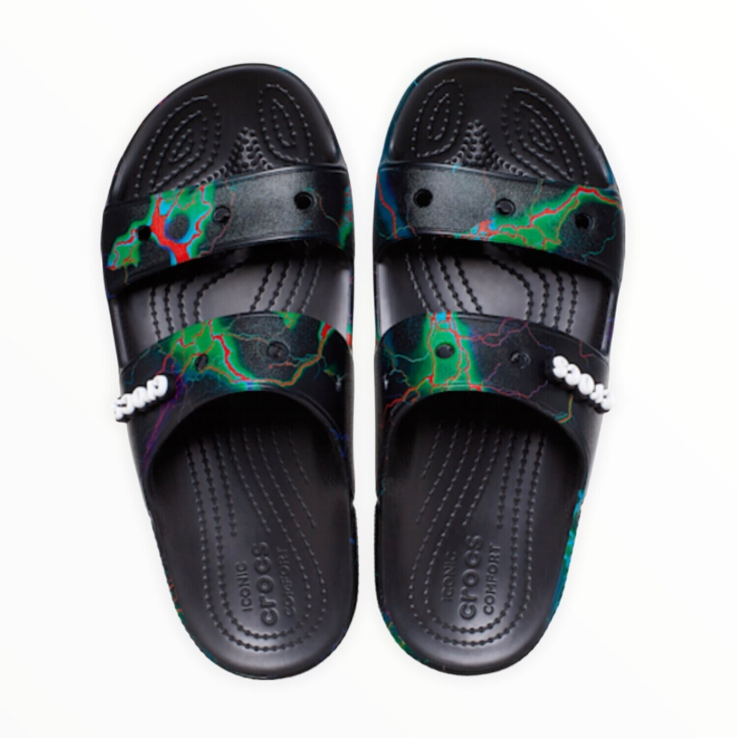 Crocs Classic Crocs Out of this World Sandal, Color: Black Lightning Bolts, Size: W9/M7