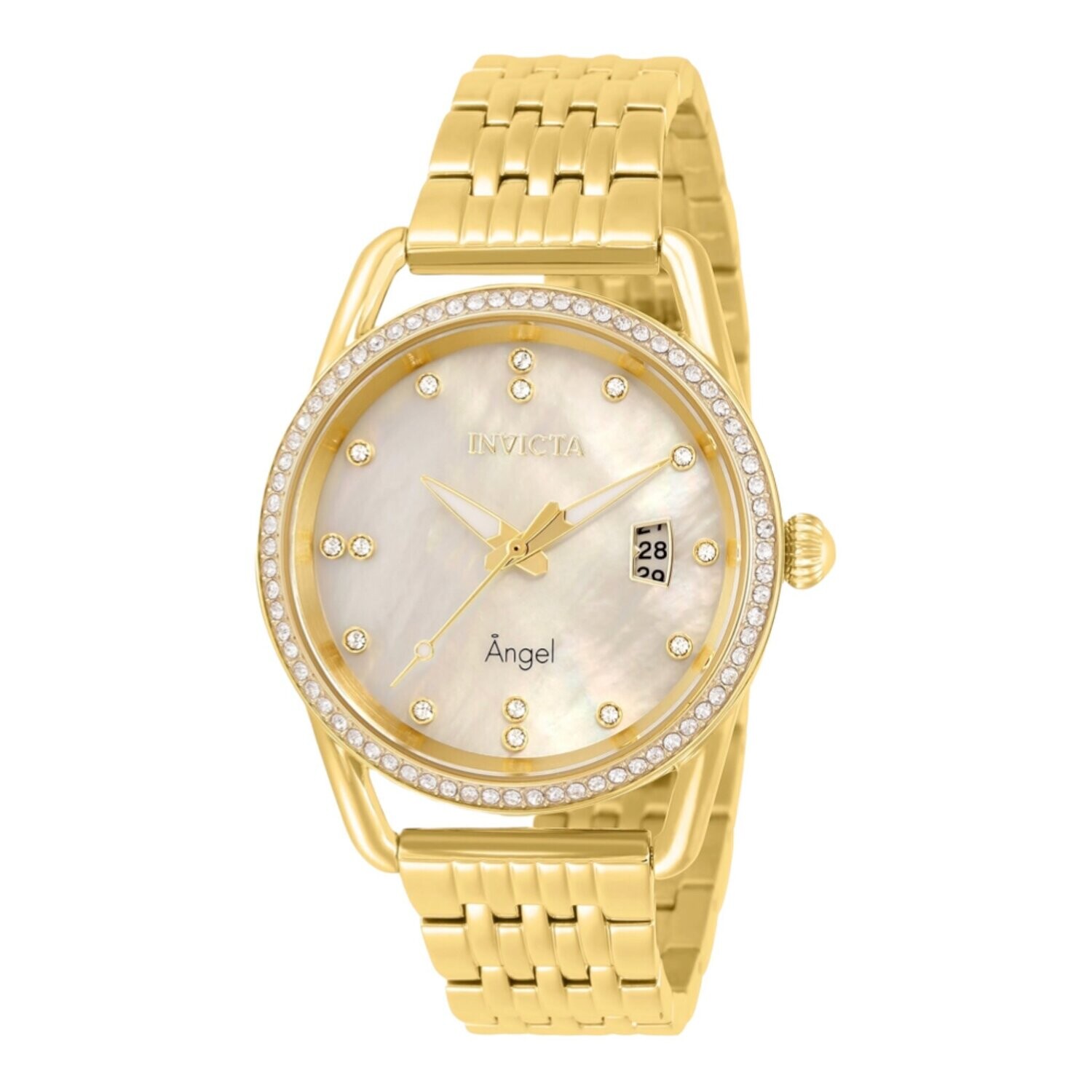 Invicta Angel Women’s Watch w/ Mother of Pearl Dial 37mm, Quartz, Gold Case &amp; Gold Stainless Steel Band , 50m Water Resistant, Color: Yellow Gold, Size: 37mm