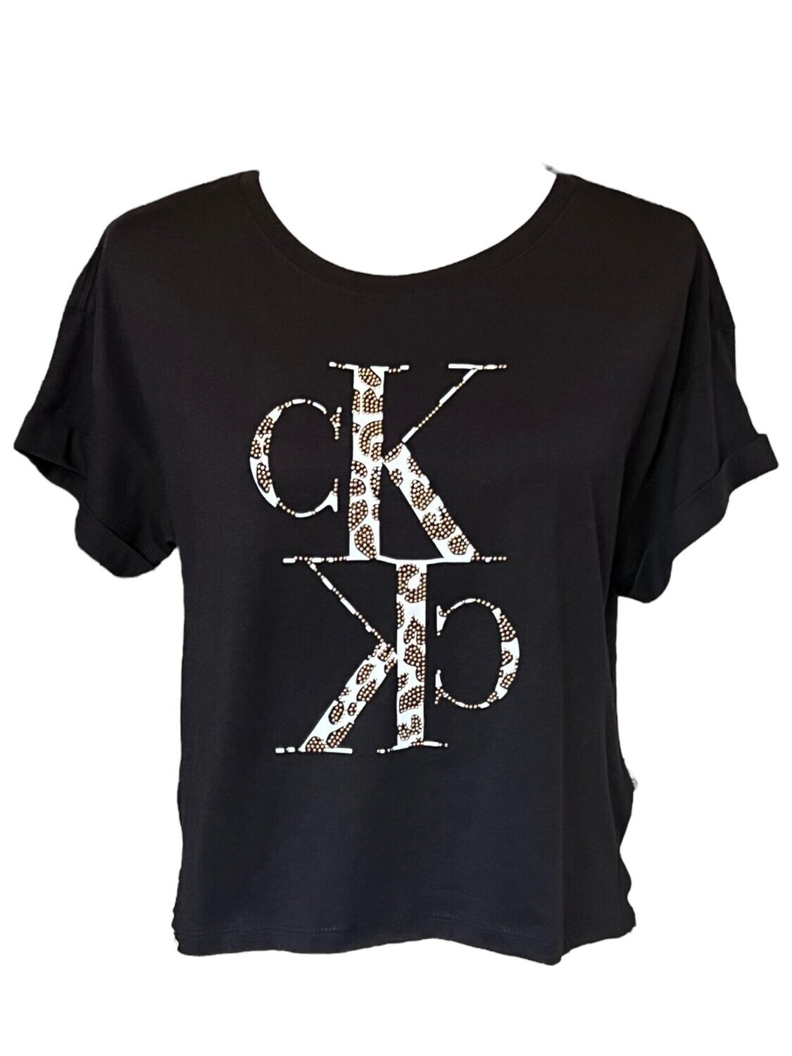 Calvin Klein Sequin Logo Black Tee, Color: Black, Size: Small