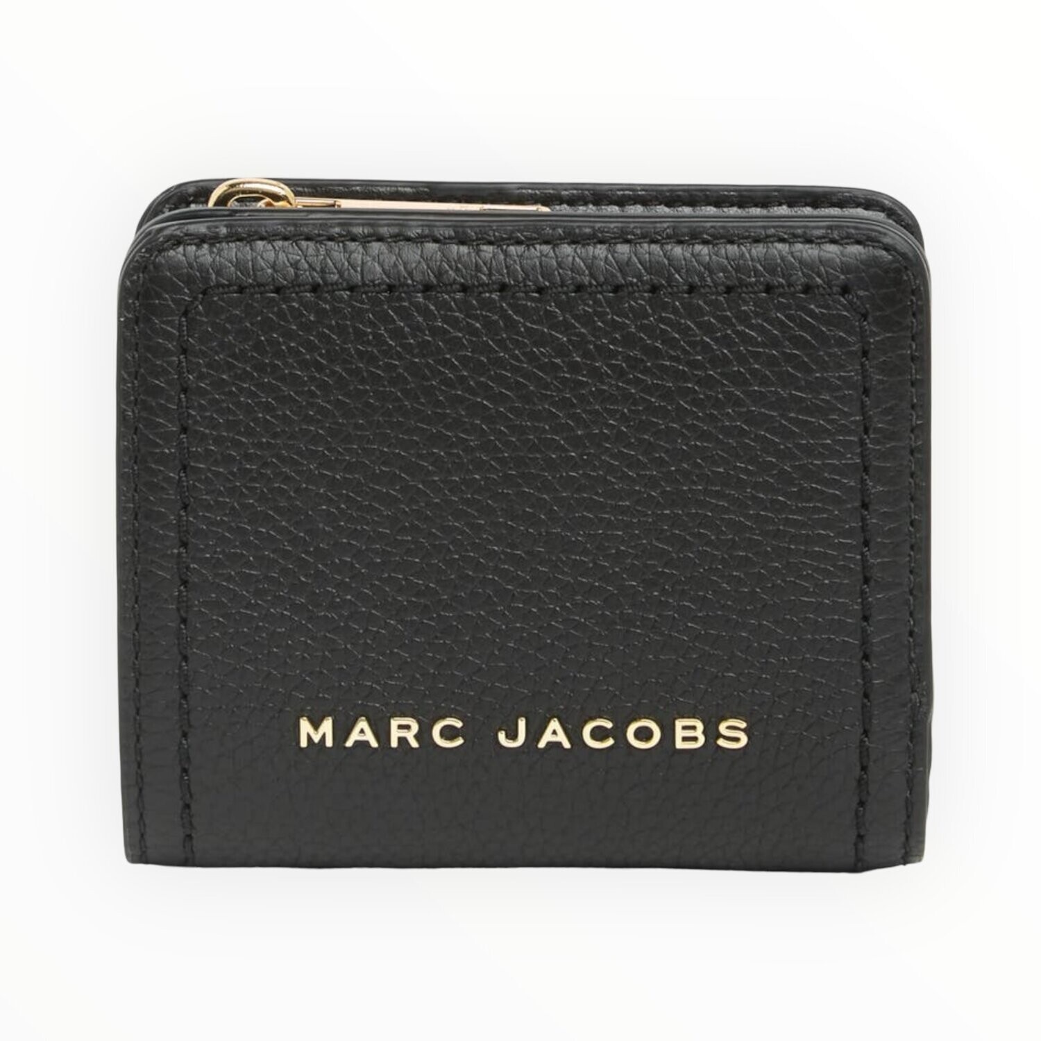 Marc Jacobs Compact Bifold Small Wallet Pebbled Leather Zip Compartment, Color: Black