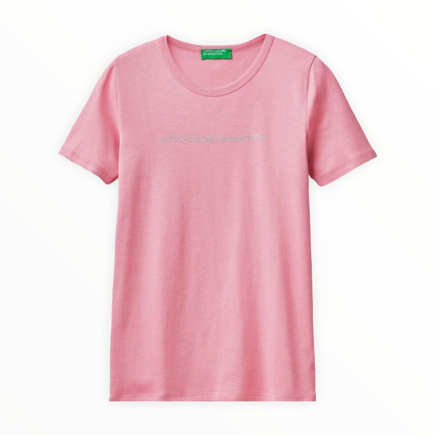 United Colors of Benetton T-Shirt in 100% Cotton with Glitter Print Logo, Color: Pink, Size: Small