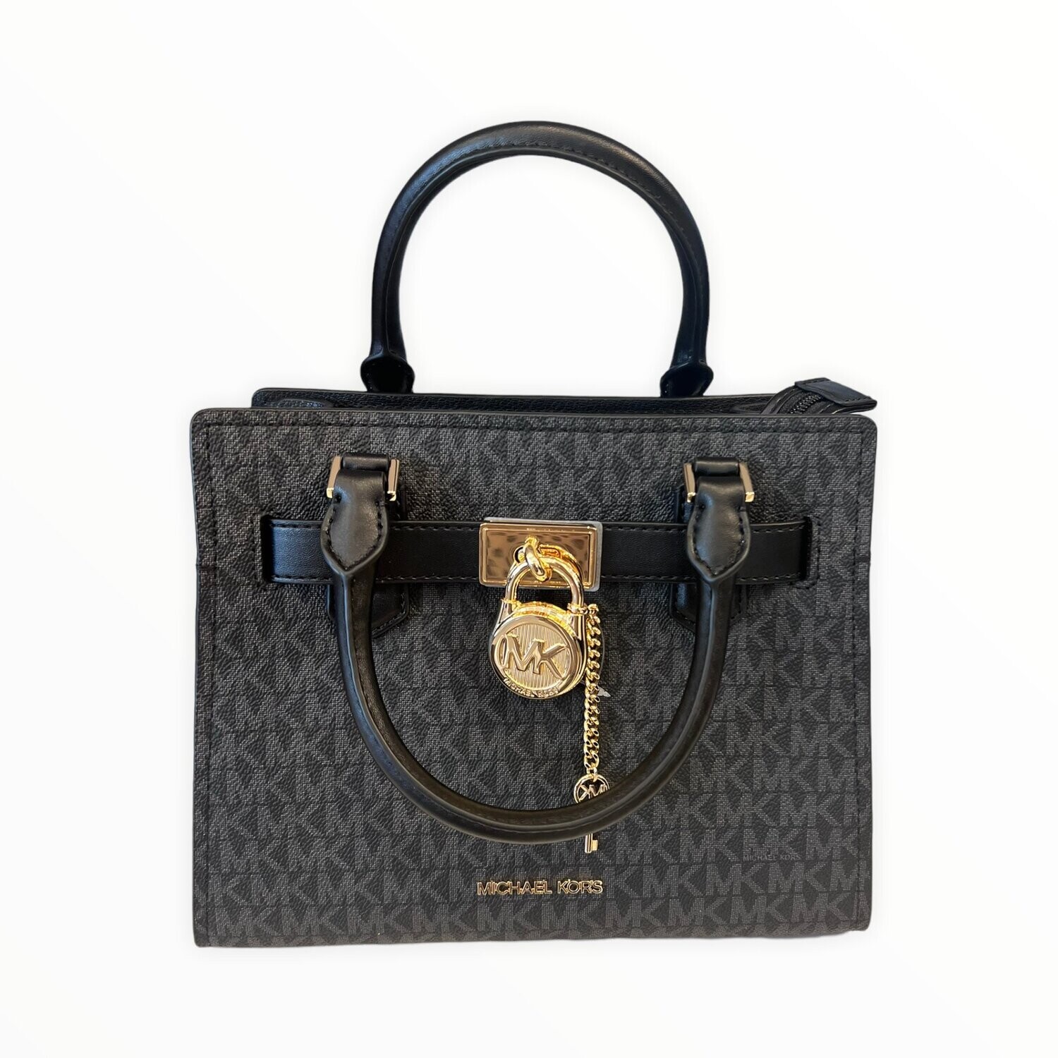 Michael Kors Hamilton Small Satchel Shoulder Bag Leather Gold Tone Hardware MK Key &amp; Lock On Slip In Pocket 1 Zipper Pocket, Color: Black Logo