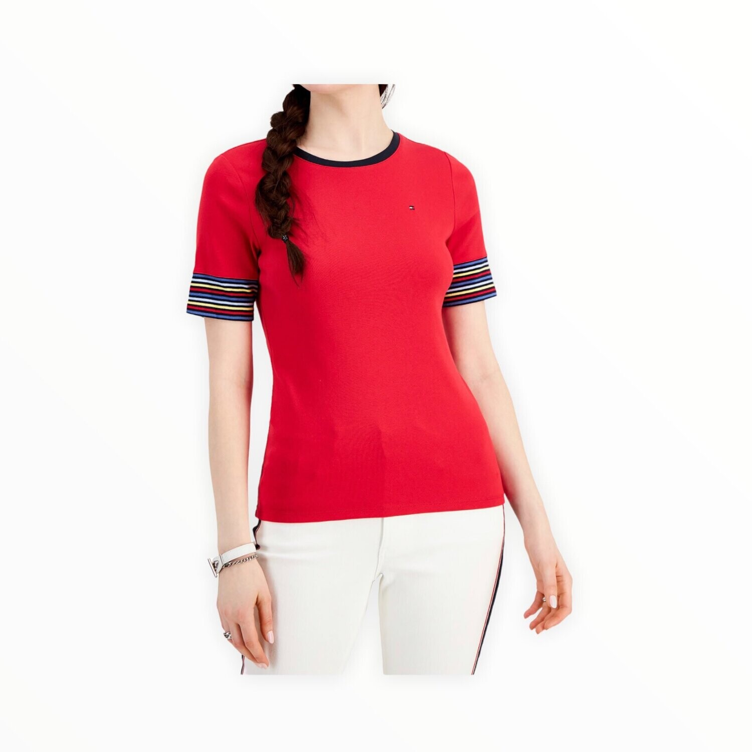 Tommy Hilfiger Cotton Striped - Sleeve T-Shirt, Color: Red, Size: Small