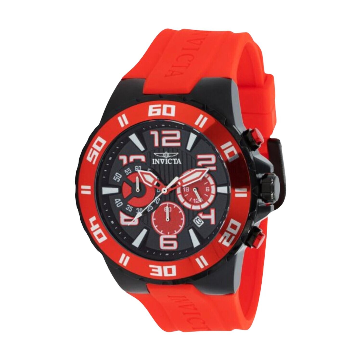 Invicta Pro Diver Men’s Watch 48mm, Quartz Movement, Red Solid Stainless Steel Case, Black Red Metal Dial, Red Silicone Band