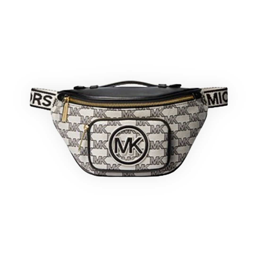 Michael Kors Erin XS Logo Jacquard Belt Bag Sling Across Body Over Shoulder or Around The Waist Woven Graphic Logo Jacquard Adjustable Logo Webbing Strap Front Zip Pocket Zip Fastening