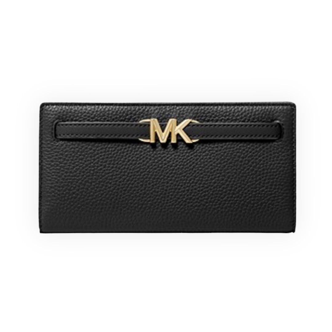 Michael Kors Reed Large Pebbled Leather Wallet Smart Snap Closure Polished Belted High-Shine “MK” Hardware