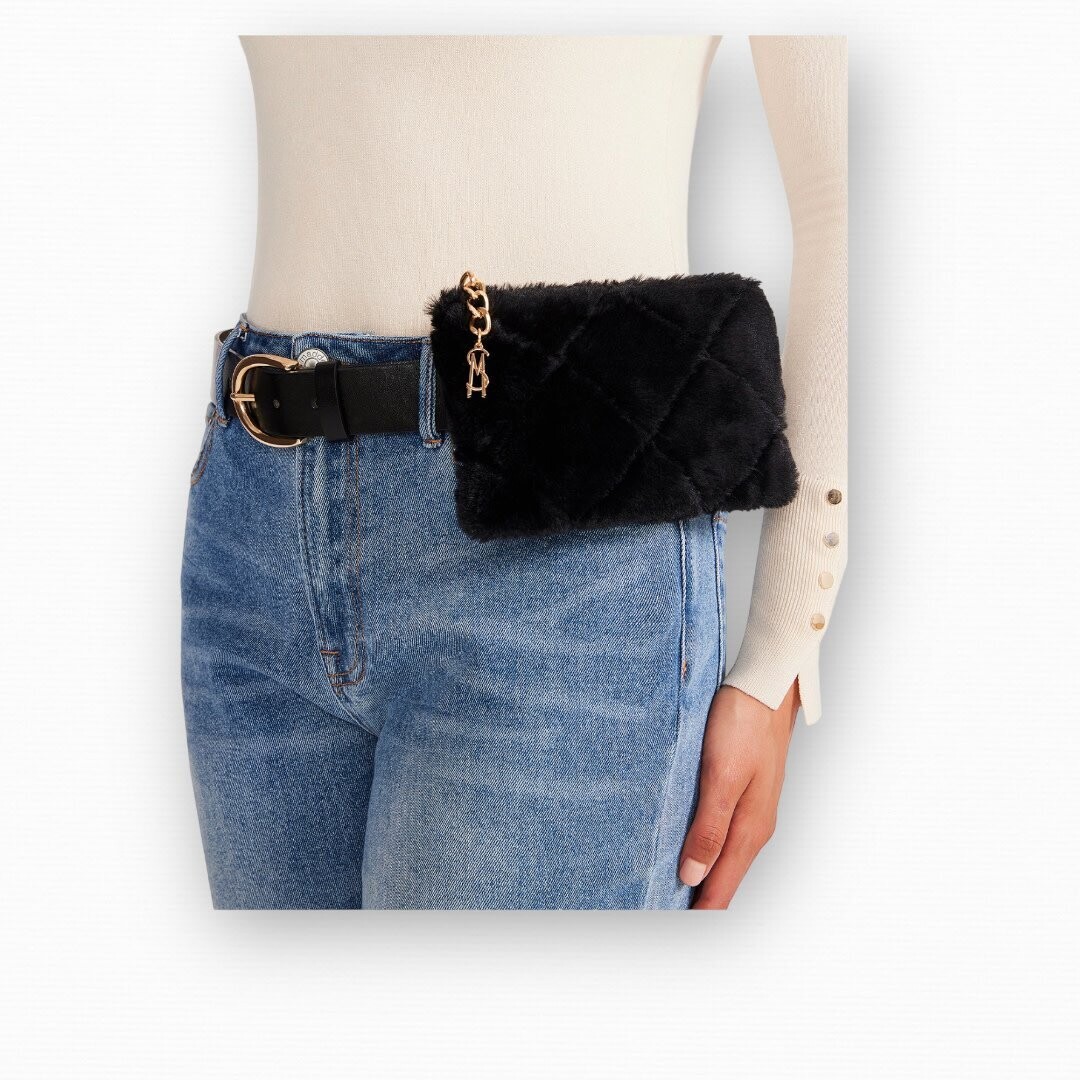 Steve Madden Removable Faux Fur Pouch Belt Bag, Color: Black / Gold, Size: Small