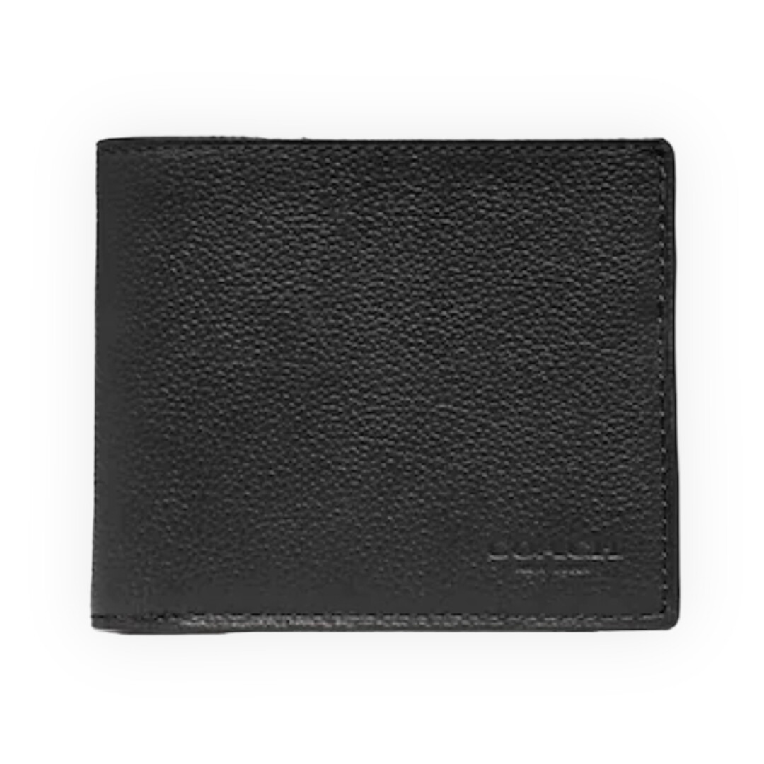 Coach Wallet ID Billfold Smooth Calf Leather Six Credit Card Slots Full Length Bill Compartment, Color: Black