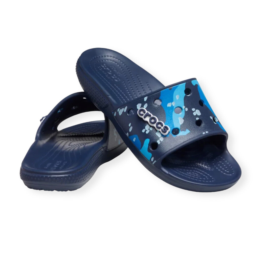 Crocs Classic Printed Camo Slide, Color: Navy/Multi, Size: M5W7