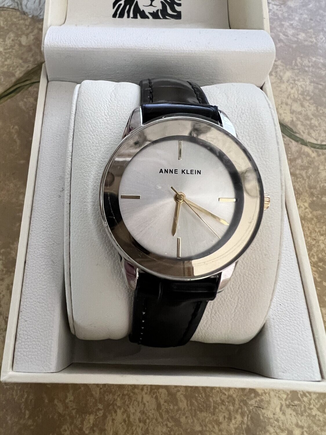 Anne Klein Watch Silver Tone Round Case Black Leather Strap